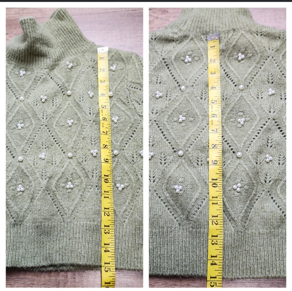 Zara Women's faux pearls diamond cable knit Mock Neck semi crop Green sweater S - Picture 13 of 15
